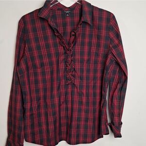 Talbots Red & Black Plaid Ruffle Front Button Down  Stretch Long Sleeve Shirt 16